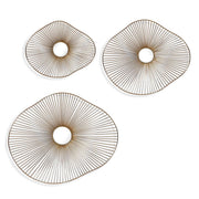 Set of three gold metal wall art pieces by Uttermost, modern wall decor with abstract geometric designs for contemporary interiors.