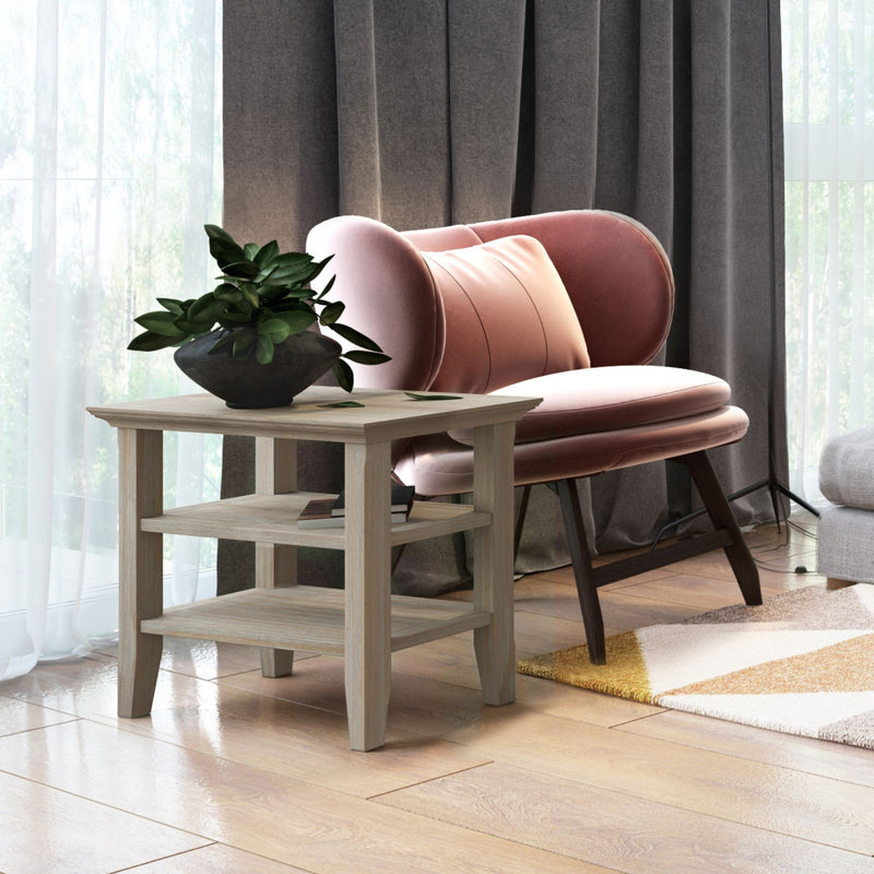 Handcrafted Acadian narrow side table by Simpli-Home showing smooth wooden surface and minimalist design.