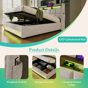 Artistry At Home upholstered platform storage bed with hydraulic lift, LED lighting, and USB charging ports, without mattress.