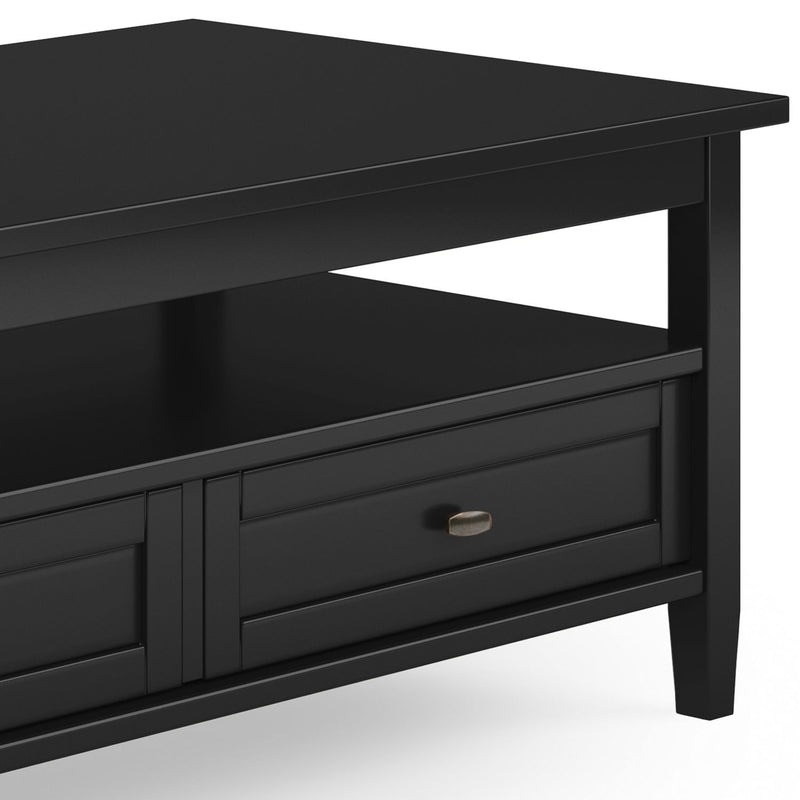 Handcrafted Warm Shaker coffee table by Simpli-Home featuring a natural wood finish and sturdy square legs.