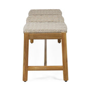 Noble House Cambria 3-seater teak bench with slatted seat and sturdy wooden legs, ideal for outdoor or patio seating