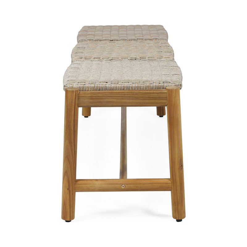 Noble House Cambria 3-seater teak bench with slatted seat and sturdy wooden legs, ideal for outdoor or patio seating