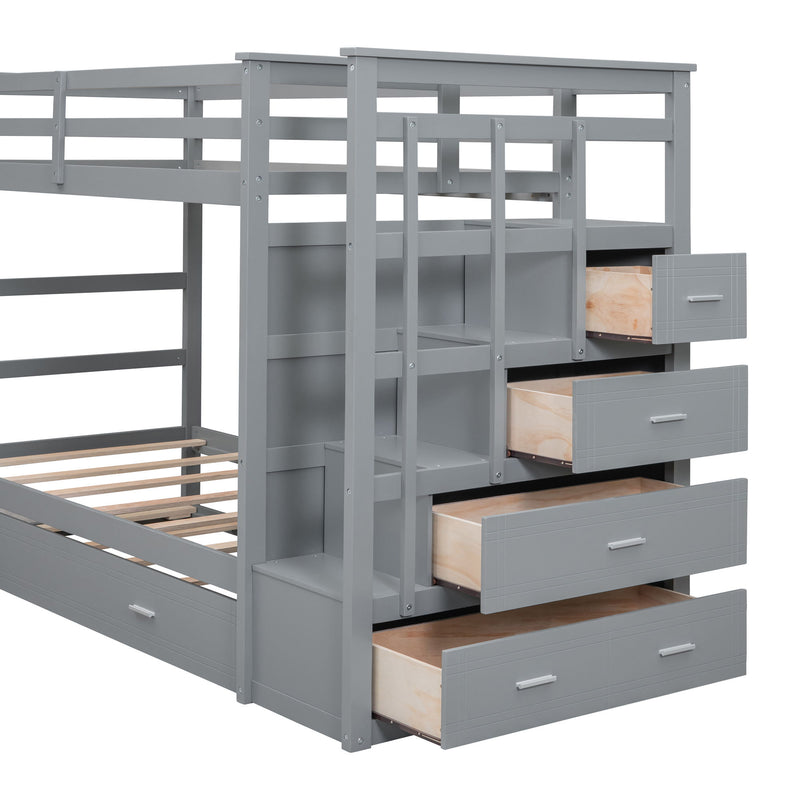 DreamHaus bunk bed with staircase and trundle, featuring sturdy wood construction and space-saving design for kids' bedrooms.