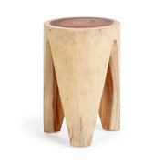 Classic Home Vela accent table with a round wooden top and sleek metal legs, perfect for living room decor.