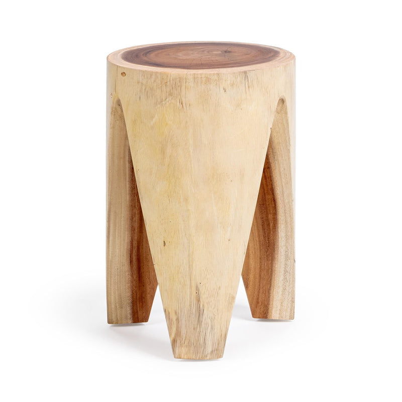 Classic Home Vela accent table with a round wooden top and sleek metal legs, perfect for living room decor.