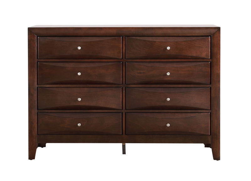 Glory Furniture Marilla dresser with multiple drawers and a sleek wood finish, designed for stylish bedroom storage.