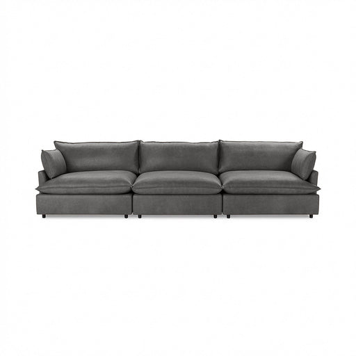 Classic Home Caplan modular sectional in neutral fabric, showcasing its spacious, stylish stationary design with plush cushions.