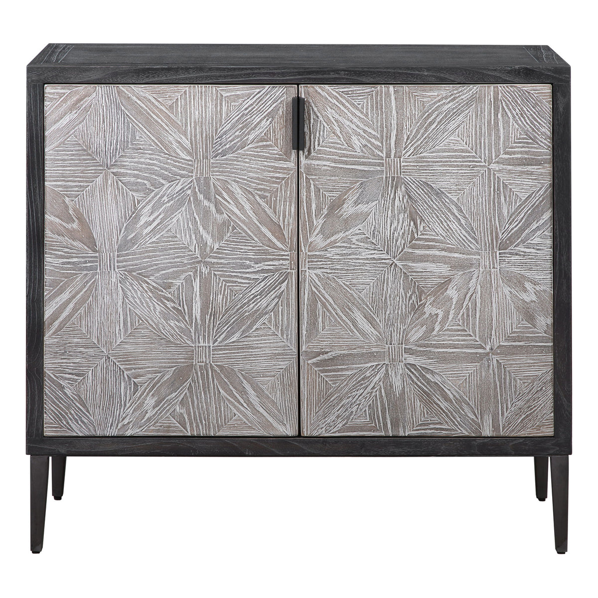 Uttermost Laurentia black and pearl silver 2-door accent cabinet with sleek design and modern hardware.