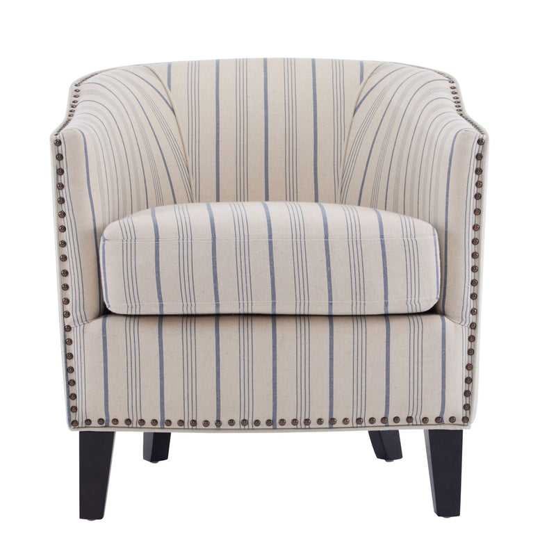 Transitional Upholstered Stripe Barrel Chair With Birch Wood Legs And Plush Cushioned Seat - Beige / Blue Stripe - R&R Furniture Gallery (Fountain Valley, CA)