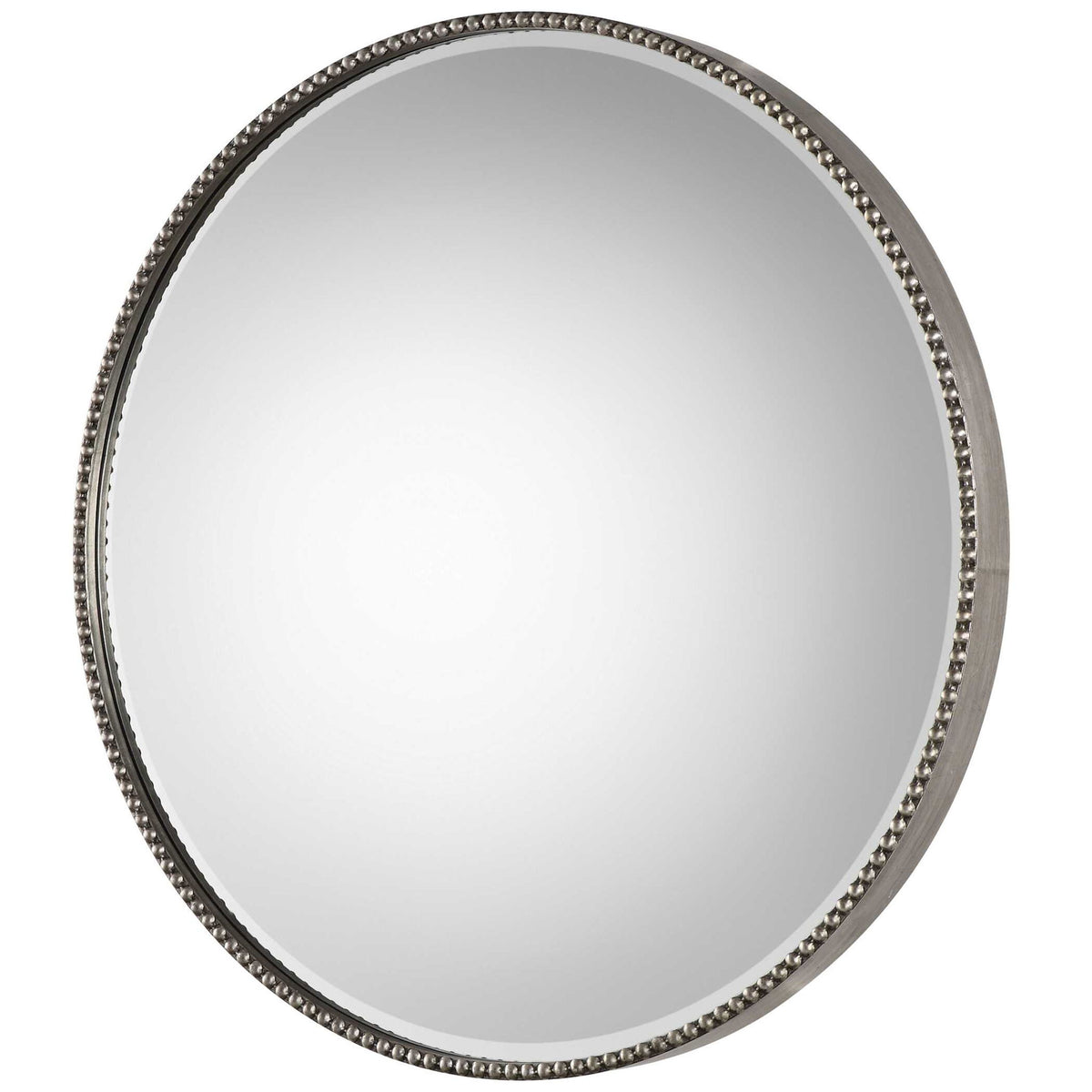 Uttermost Stefania beaded round wall mirror with pearl silver frame, elegant decorative mirror for modern interiors.