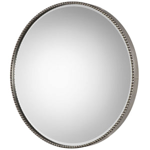 Uttermost Stefania beaded round wall mirror with pearl silver frame, elegant decorative mirror for modern interiors.