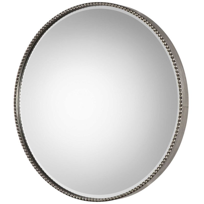 Uttermost Stefania beaded round wall mirror with pearl silver frame, elegant decorative mirror for modern interiors.