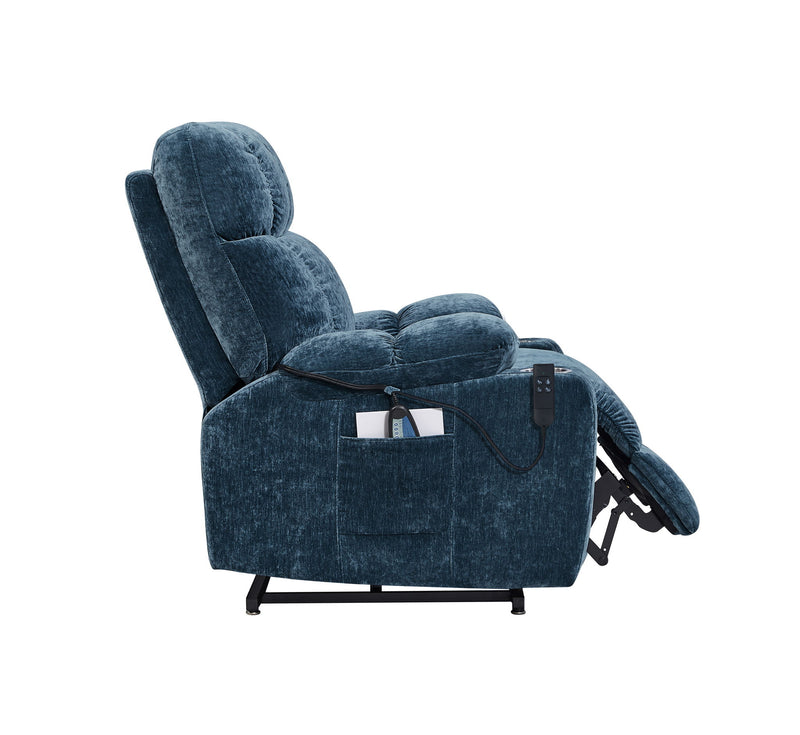 Refined Comfort Dual Okin Motor lift recliner chair for elderly with infinite position, lay flat, heat massage, and plush upholstery.