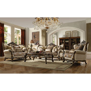 Latisha - Loveseat With 6 Pillows (Same Lv01577) - Tan, Pattern Fabric & Antique Oak - R&R Furniture Gallery (Fountain Valley, CA)