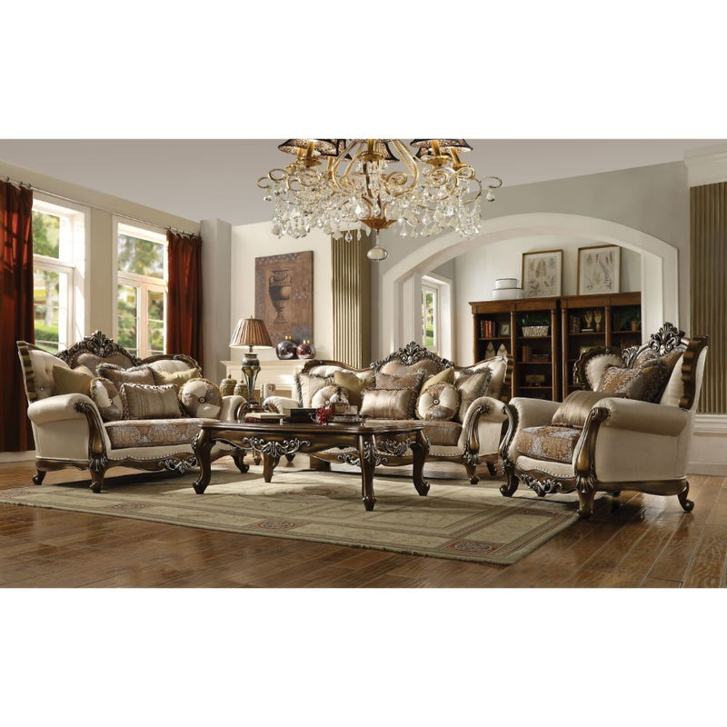 Latisha - Loveseat With 6 Pillows (Same Lv01577) - Tan, Pattern Fabric & Antique Oak - R&R Furniture Gallery (Fountain Valley, CA)
