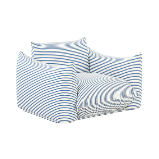 TOV Furniture Saint Tropez outdoor armchair with plush stuffed cushions, beige fabric, and sturdy wooden legs for patio relaxation.