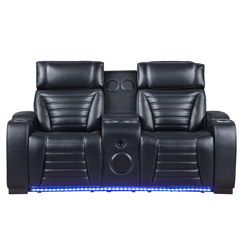 Ephron - Power Motion Loveseat With Console, Power Headrests, LED & Speakers - Black - R&R Furniture Gallery (Fountain Valley, CA)