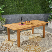 Outdoor expandable dining table with square legs by Noble House, showing its wooden surface and adjustable size for outdoor meals.
