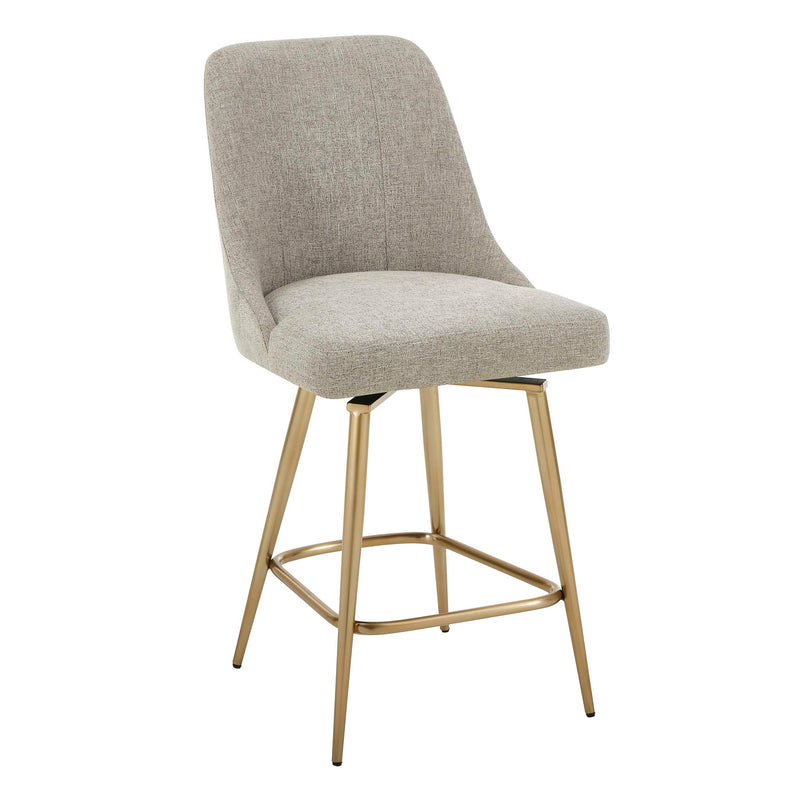 Uttermost Bramwell gray and gold upholstered counter stool with a modern design, featuring a cushioned seat and sleek metal legs.