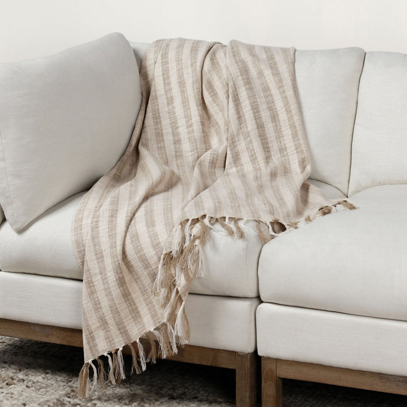 Linna 50x70 inch ivory and natural throw blanket by Classic Home, soft woven fabric displayed on a cozy sofa.