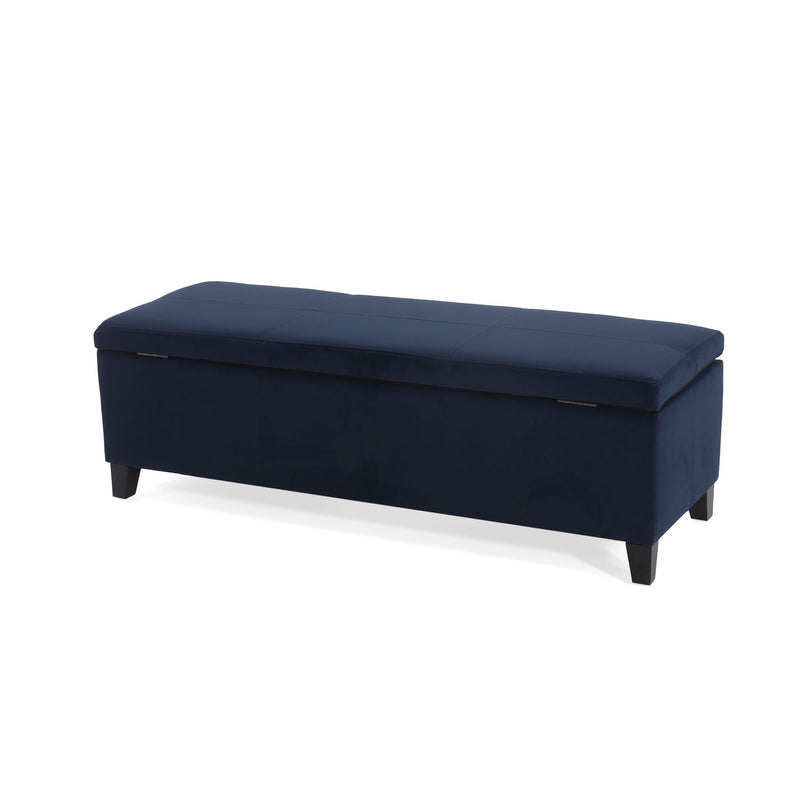 Noble House upholstered storage ottoman bench with a padded beige fabric top and wooden legs, functional and stylish for living room.