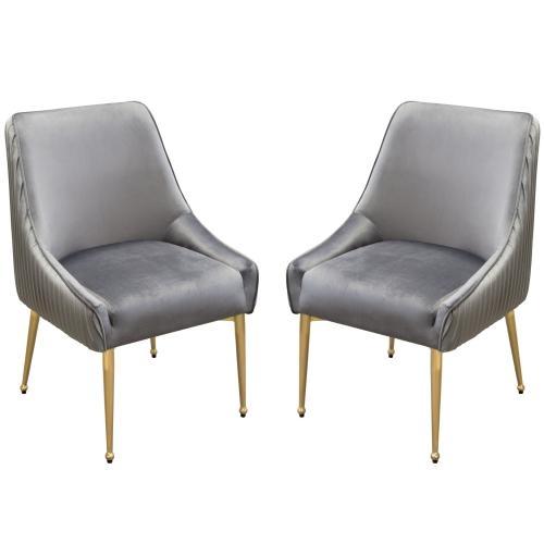Set of (2) Quinn Dining Chairs w/ Vertical Outside Pleat Detail and Contoured Arm in Grey Velvet w/ Brushed Gold Metal Leg