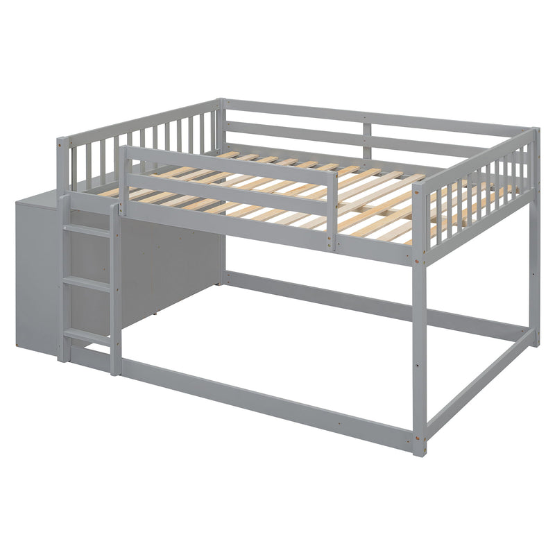 DreamHaus bunk bed with built-in four drawers and three shelves, showcasing a sturdy wooden frame and ample storage space.