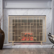 Noble House Dorothy modern single panel iron fireplace screen with decorative design for safety and style in front of a fireplace.