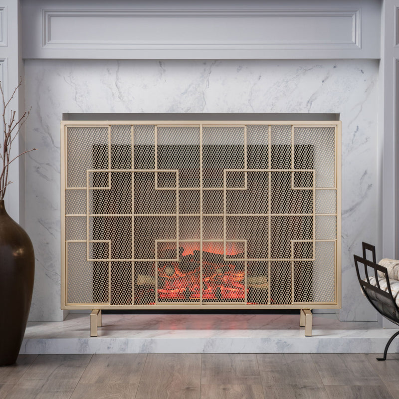 Noble House Dorothy modern single panel iron fireplace screen with decorative design for safety and style in front of a fireplace.