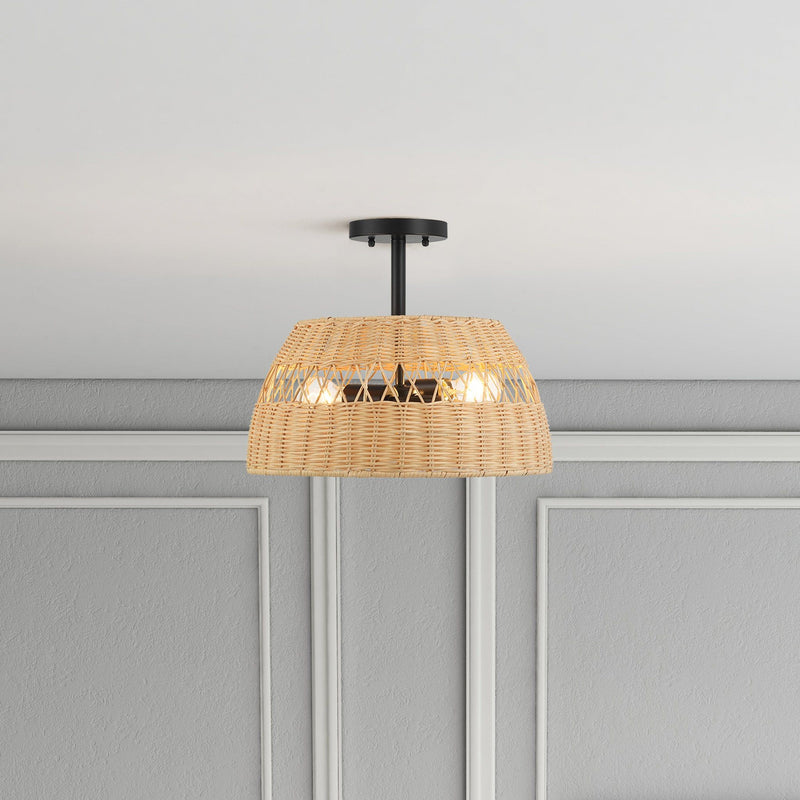 Twinkle - Double Lights Semi Flush With Shade - Black / Rattan - R&R Furniture Gallery (Fountain Valley, CA)