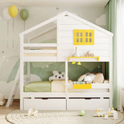 DreamHaus bunk bed with playhouse roof, window, and ladder, featuring a cozy design for children’s bedroom decor.