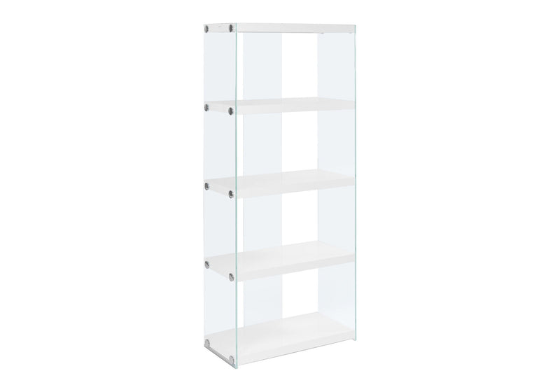 Bookshelf, Bookcase, Etagere, 5 Tier, Glossy Clear Tempered Glass - White - R&R Furniture Gallery (Fountain Valley, CA)