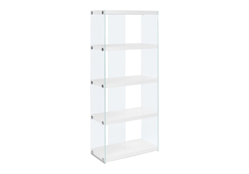 Bookshelf, Bookcase, Etagere, 5 Tier, Glossy Clear Tempered Glass - White - R&R Furniture Gallery (Fountain Valley, CA)