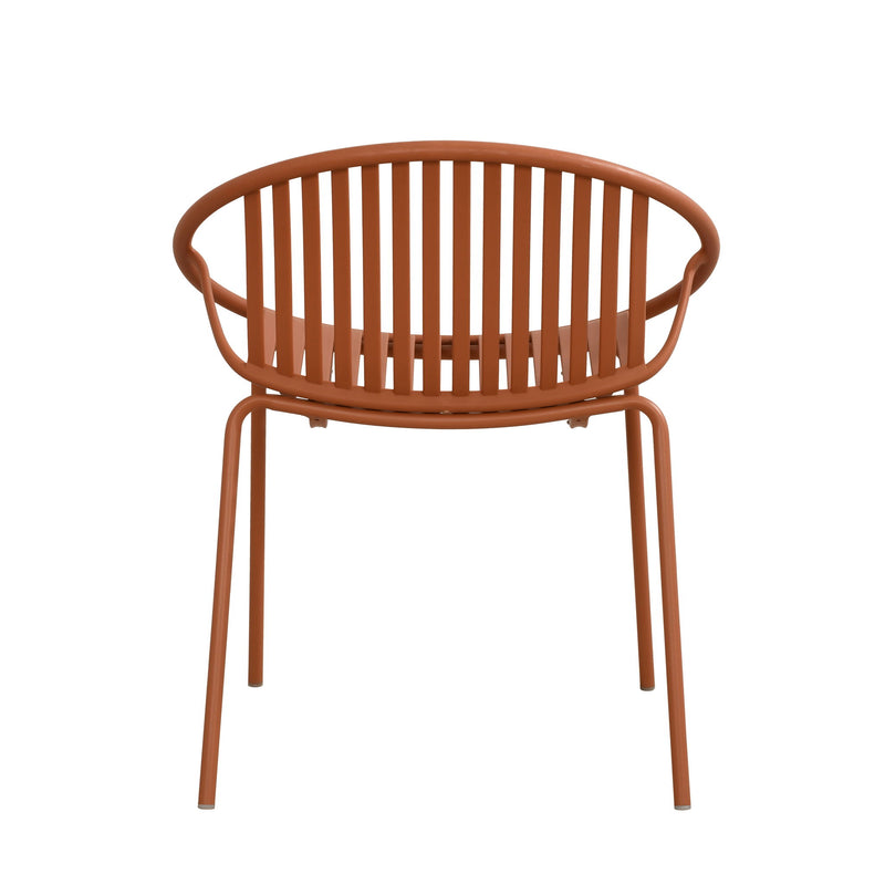 Noble House stackable outdoor chairs set of 2 with breathable plastic backrests and metal frames, ideal for patio or garden seating.