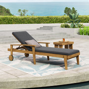 Noble House Jason chaise lounge made of adjustable acacia wood for outdoor furniture, featuring a sleek, modern design.