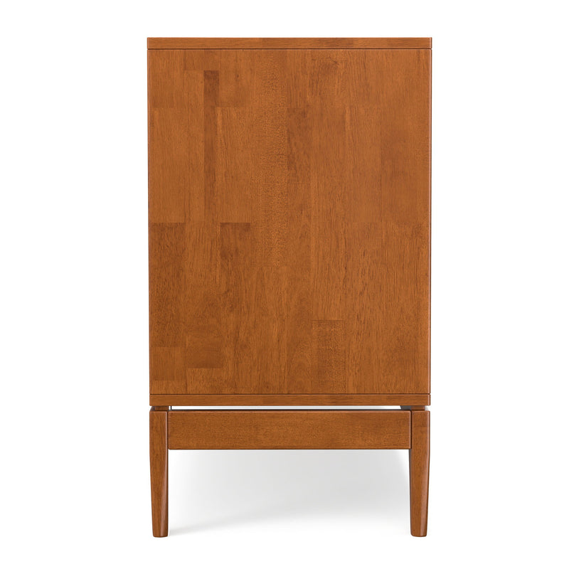 Simpli-Home Harper sideboard buffet with wooden finish, featuring multiple storage drawers and cabinet doors.