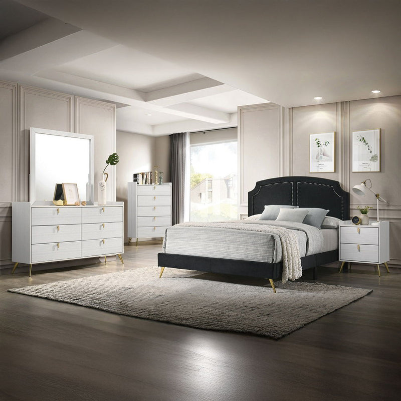 ACME Zeena upholstered bed with a plush, fabric-covered headboard and frame in a modern bedroom setting.