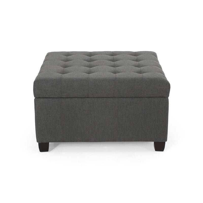 Noble House Isabella contemporary storage ottoman with cushioned top and wooden legs, suitable for living room decor.