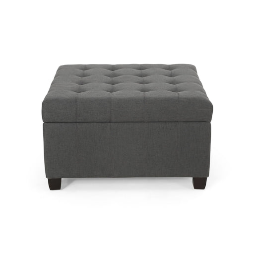 Noble House Isabella contemporary storage ottoman with cushioned top and wooden legs, suitable for living room decor.