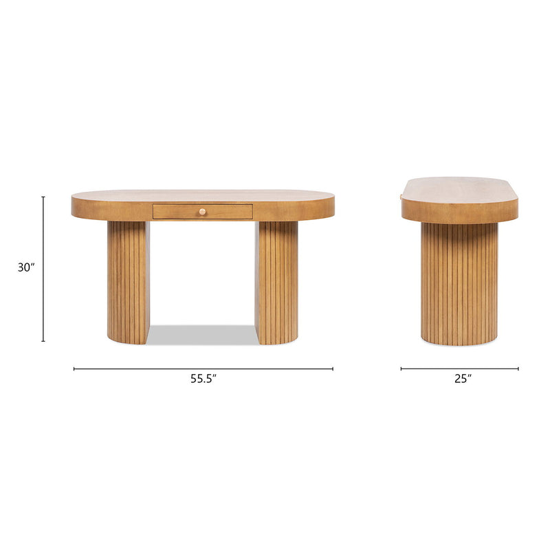 Jennifer Taylor Home Jesse single drawer fluted oval console desk in honey brown with smooth surface and elegant design.