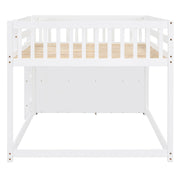 DreamHaus bunk bed with built-in four drawers and three shelves, featuring clean wood finish and sturdy frame.