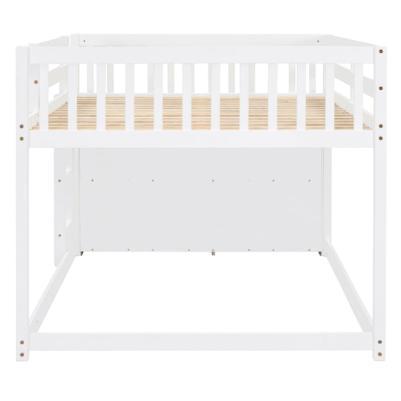DreamHaus bunk bed with built-in four drawers and three shelves, featuring clean wood finish and sturdy frame.