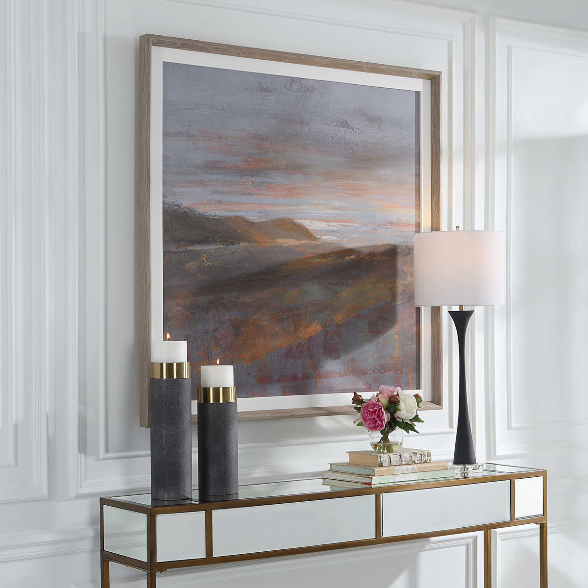 Framed print titled "Dawn On The Hills" by Uttermost, featuring a purple landscape scene with a decorative frame.