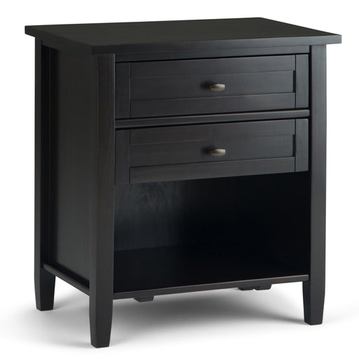 Warm Shaker handcrafted bedside table by Simpli-Home, accent nightstand with wooden finish and simple design.