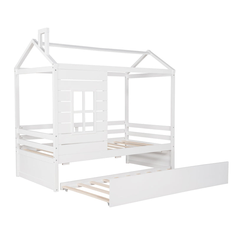 Twin Size Classic House Bed With Twin Size Trundle - White - R&R Furniture Gallery (Fountain Valley, CA)