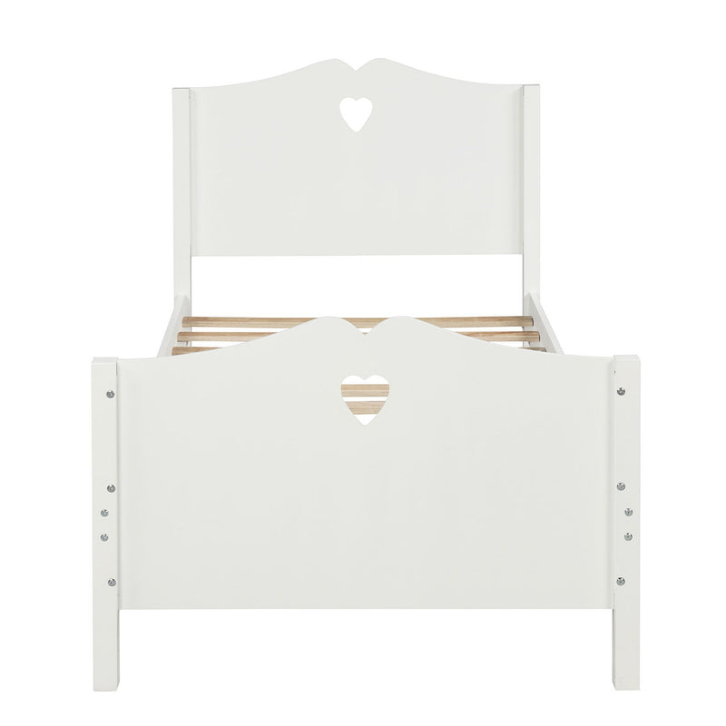 DreamHaus platform bed with slat support, headboard, and footboard, showcasing a modern wooden design in a bedroom setting.
