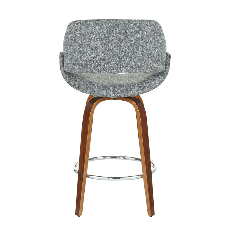 Set of two Lumi Source Fabrico mid-century modern counter stools with wooden seats and black metal legs.