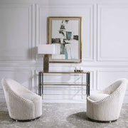 Uttermost Crue Fabric Swivel Chair with plush upholstery and modern design, showcasing a comfortable, stylish seating option.