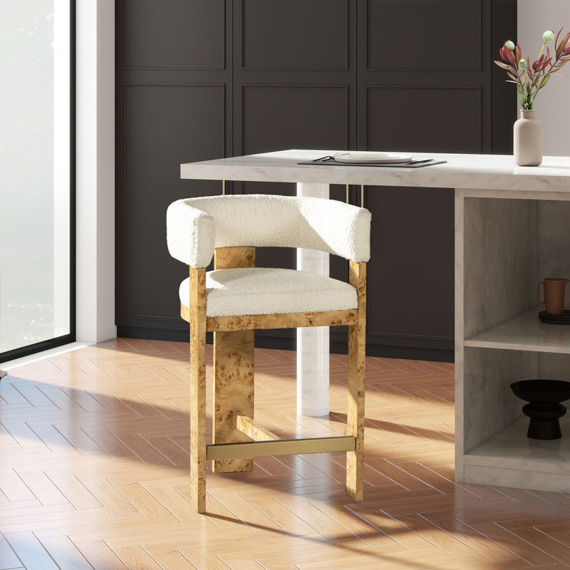 Vavona - Burl Upholstered Barrel Back Counter Height Bar Stool - Polar Off White - R&R Furniture Gallery (Fountain Valley, CA)