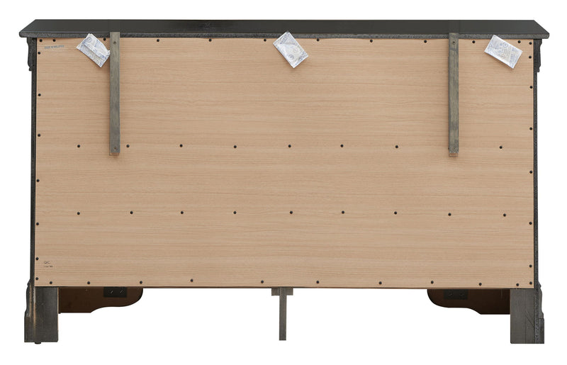 Metallic black dresser by Glory Furniture featuring sleek drawers and modern design for sophisticated storage.